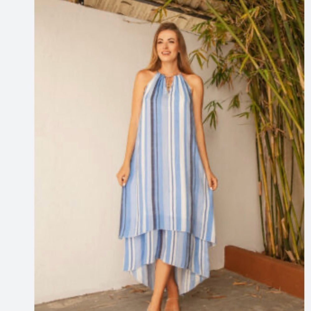 MLLE Gabrielle Striped Maxi Dress with Gold Tone Necklace, Size 2X,